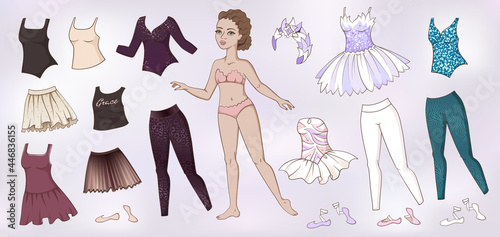 Paper doll with ballet clothes and pointe shoes. Beautiful girl. Template for cutting and play 