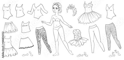 African paper doll with ballet clothing set. Black and white. Colored page background