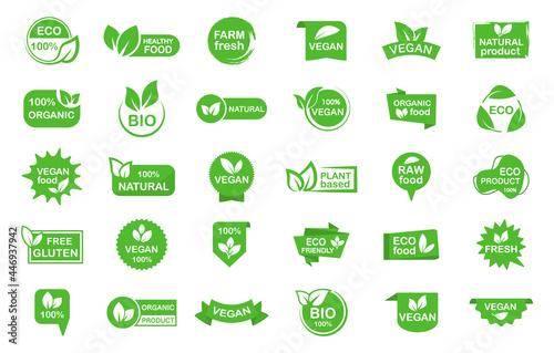 Set of organic, eco, vegan, bio food labels. Stickers of 100 percent, healthy, fresh, natural product. Collection logos and badges for healthy food. Green emblems for promotion vegan products.