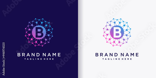 Abstract monogram logo design technology initial letter b with line art and dot style