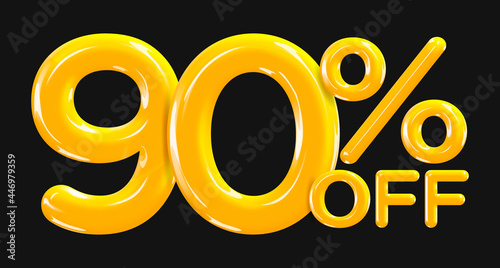 90 percent Off. Discount creative composition of golden or yellow balloons. 3d mega sale or ninety percent bonus symbol on black background. Sale banner and poster. Vector illustration.