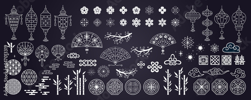 Collection of decorative elements in asian style with fan, lantern, paw prints, clouds, lanterns, flowers, tree branch, fireworks. Hand drawn vector oriental elements.
