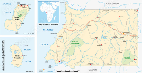 vector road and national park map of equatorial guinea 