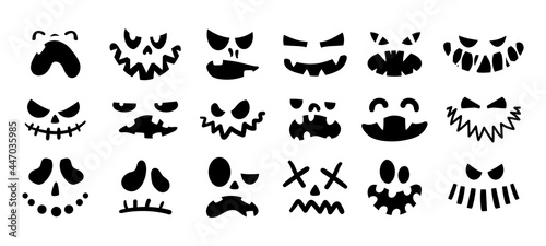 Jack face. Halloween scary emotion for carving on pumpkins. Creepy evil ghost heads with angry eyes and spooky mouth. Black silhouette signs set. Vector cute autumn celebration symbol