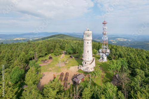 Aerial view of Wielka Sowa (Great Owl) - highest peak of the Owl Mountains in Central Sudetes, Poland