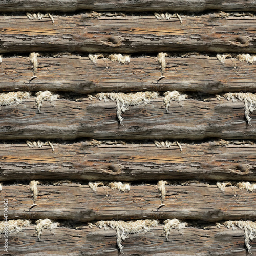 Seamless pattern of logs of an old village house with moss and mold