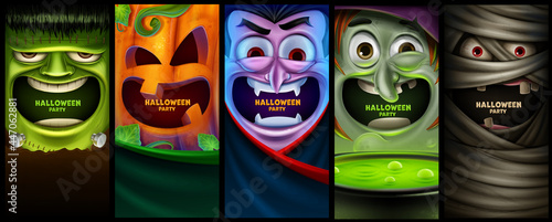 set of vertical banners for halloween with scary characters