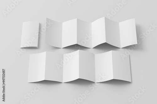 Vertical page zigzag or accordion fold brochure. Six panels, twelve pages blank leaflet. Mock up on white background for presentation design. Folded and unfolded front and back.