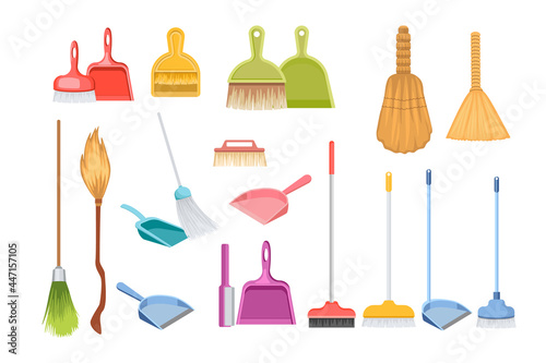 Set of Different Cleaning Household Tools Broom, Scoop, Dustpans and Brushes for Cleanup. Manual Domestic Supplies