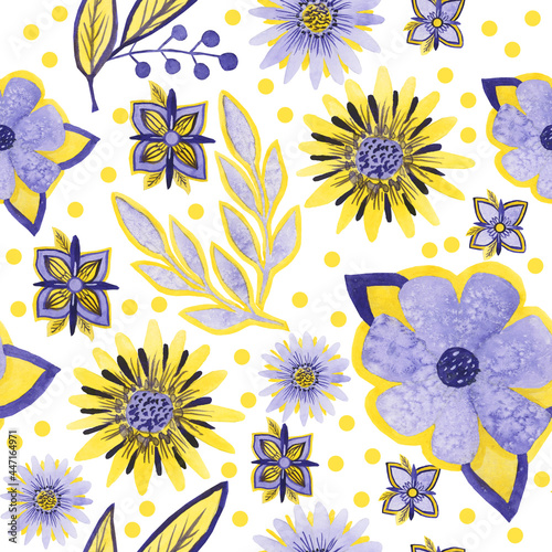 Floral seamless pattern of yellow-purple on a white background