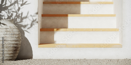 Summer mockup concept for cosmetic product presentation. Terracotta stair, olive branch shadow and pebble on white wall background. Clipping path of each element included. 3d rendering illustration. 