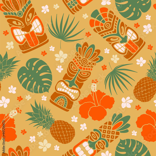 Tropical summer on paradise beach. Seamless pattern with Tiki mask, monstera leaves, pineapple, hibiscus. For wallpapers, web page backgrounds, surface textures, fabrics. Vector illustration.