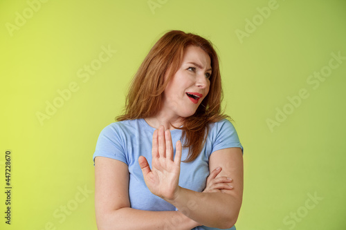 Enough wasting my time. Ignorant uninterested redhead mature woman turn away displeased reluctant show stop no gesture hold palm refusal rejecting unpleasant offer green background