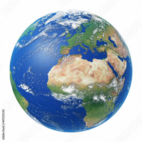 Realistic planet Earth with clouds isolated on a white background. Earth globe on white backdrop. View from space at Europe, Africa, Asia. 3D illustration