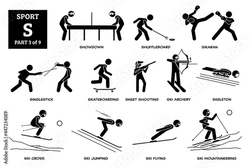 Sport games alphabet S vector icons pictogram. Showdown, shuffleboard, sikaran, singlestick, skateboarding, skeet shooting, ski archery, skeleton, ski cross, ski jumping flying, and mountaineering.