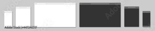 browser window mockup. website template vector frame. web site computer screen mock up. pc, laptop, mobile, tablet browser view isolated light, dark, night mode theme