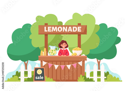 Little girl selling cold lemonade in lemonade stand. Summer time. Vector illustration