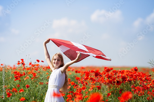 Blond girl holding flag of Latvia in the poppy field. Declaration of Independence Day. Ligo. Proclamation of the Republic. Travel and learn latvian language concept.