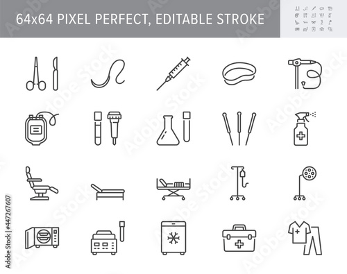 Medical equipment line icons. Vector illustration include icon - blood bag, scalpel, medical furniture, needle, endoscopy outline pictogram for healthcare store. 64x64 Pixel Perfect, Editable Stroke