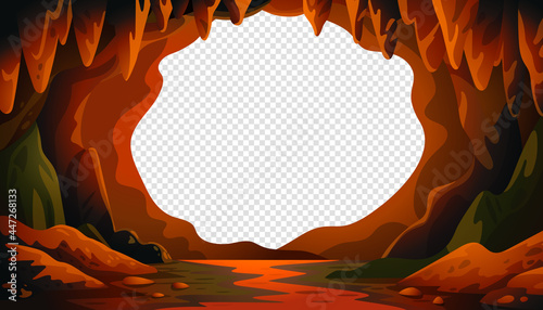 Cave vector background, cartoon cave landscape with a blank center for text Vector illustration in flat cartoon style