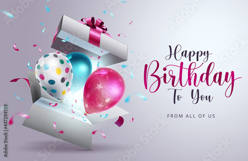 Happy birthday vector design. Happy birthday to you text with surprise element like balloons, gift and confetti decoration for birth day celebration greeting card. Vector illustration 