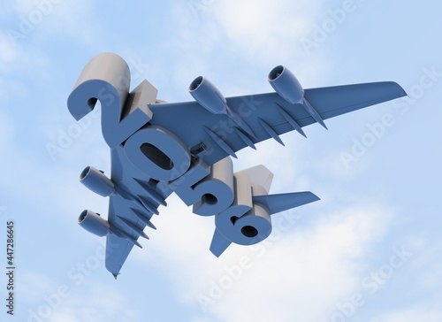 3D illustration of 2056 text with plane wings