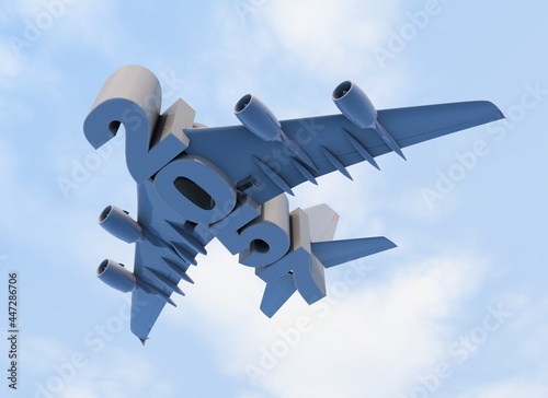 3D illustration of 2057 text with plane wings