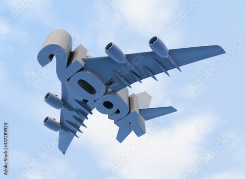 3D illustration of 2097 text with plane wings