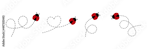 Cute ladybug icon set. Ladybugs flying on dotted route. Cartoon ladybirds with open wings. Vector isolated on white background.