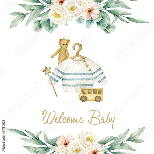 Watercolor illustration card welcome baby with floral composition, sweater and toys. Isolated on white background. Hand drawn clipart. Perfect for card, postcard, tags, invitation, printing, wrapping.