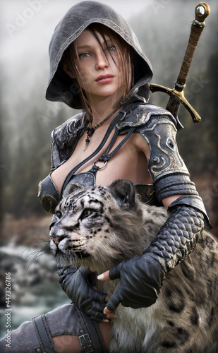 Portrait of a fantasy female Ranger pathfinder sitting with her pet feline, wearing leather armor , hooded cloak and equipped with a sword. Misty mountains and a stream in the background.3d rendering