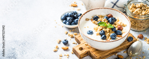 Yogurt with granola and fresh berries at stone table. Healthy food, snack or breakfast. Long banner format.