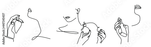 a perfume bottle in women's hands and a fragment of a woman's face with a continuous line in the style of minimalism