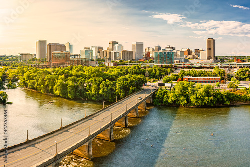 Aerial view of Richmond, Virginia, at sunset. Richmond is the capital city of the Commonwealth of Virginia. Mayo Bridge spans James River