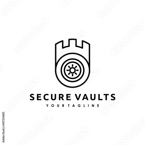 vault with castle security storage banking simple line logo design