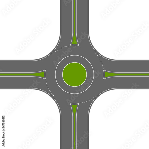 Empty roundabout top view. Circular traffic intersection. Round road junction isolated on white background. City map element. Vector flat illustration. 