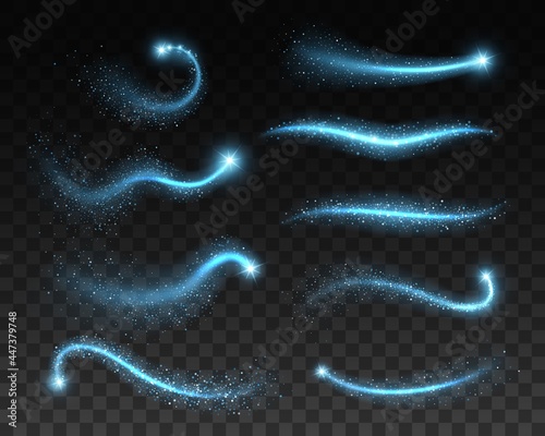 Magic blue sparks, glitters and space stardust light effect and sparkle texture on transparent background. Vector alling star trails and comet tails, wave of magic wand with glowing