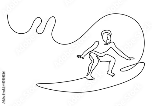 Continuous one line drawing of energetic man or person doing water surfing. Wave rider or surfer standing on surf board in the beach isolated on white background. Vector a male doing sport on the sea