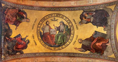 VIENNA, AUSTIRA - JULI 5, 2021: The fresco of Holy Trinity and four Evangelist in orthodox Barbarakirche church by Svjatoslav Hordynskyj (1983–1985).