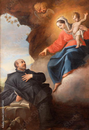 VIENNA, AUSTIRA - JULI 5, 2021: The fresco of Apparition of Madonna to St. Ignace of Loyola (Vision at La Stota)