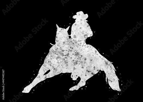Barrel racing rider white black art watercolor, abstract sport painting. black and white sport art print, watercolor illustration artistic, greyscale, decoration wall art.