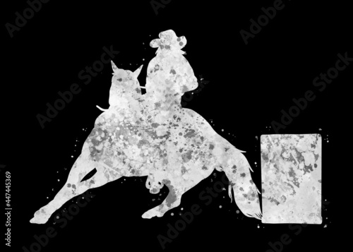 Barrel Racing white black art watercolor, abstract sport painting. black and white sport art print, watercolor illustration artistic, greyscale, decoration wall art.