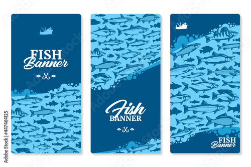 Fish vertical banner or flyer concept with fish illustrations and silhouettes on a background for fisheries, fishing, fish markets, packaging or advertising
