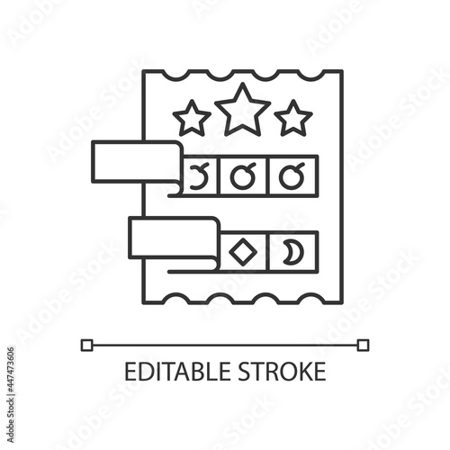 Break open lottery ticket linear icon. Paper-style game. Instant prizes for winning combinations. Thin line customizable illustration. Contour symbol. Vector isolated outline drawing. Editable stroke