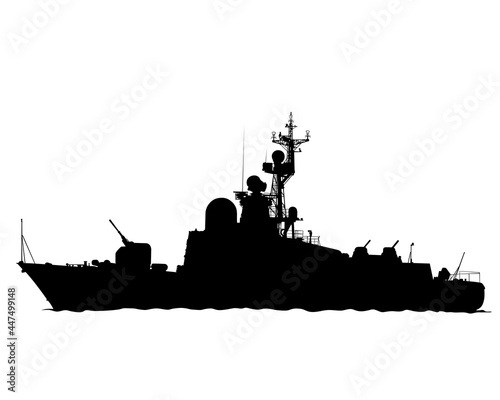 Large warship is sailing on the sea. Isolated silhouette on white background