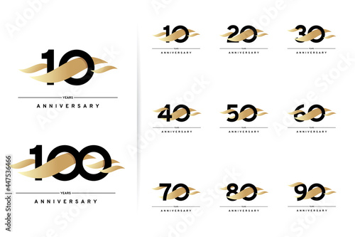 Anniversary set. 10, 20, 30, 40, 50, 60, 70, 80, 90, 100 years. Modern simple design with gold elements. Vector illustration isolated on white background