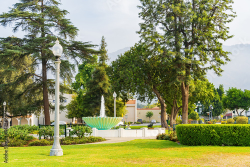 Morning view of the water fountain in Library Park