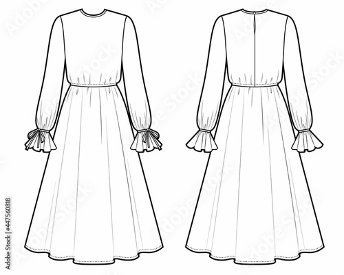 Bohemian dress fashion, woman round neck long dress technical drawing, front, back view
