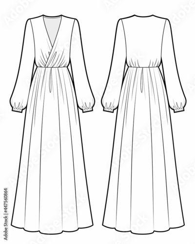 Folded maxi silk dress fashion sketch, romantic style , front, back view