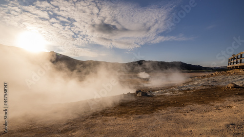 Hverir geothermal mud springs in Iceland close to lake Myvatn. View of sulphur fumes and bubbling lakes of mud.